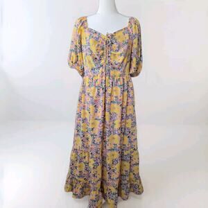 Voy Drawstring Tie Puff Sleeve Midi Print Spring Summer Dress Size L